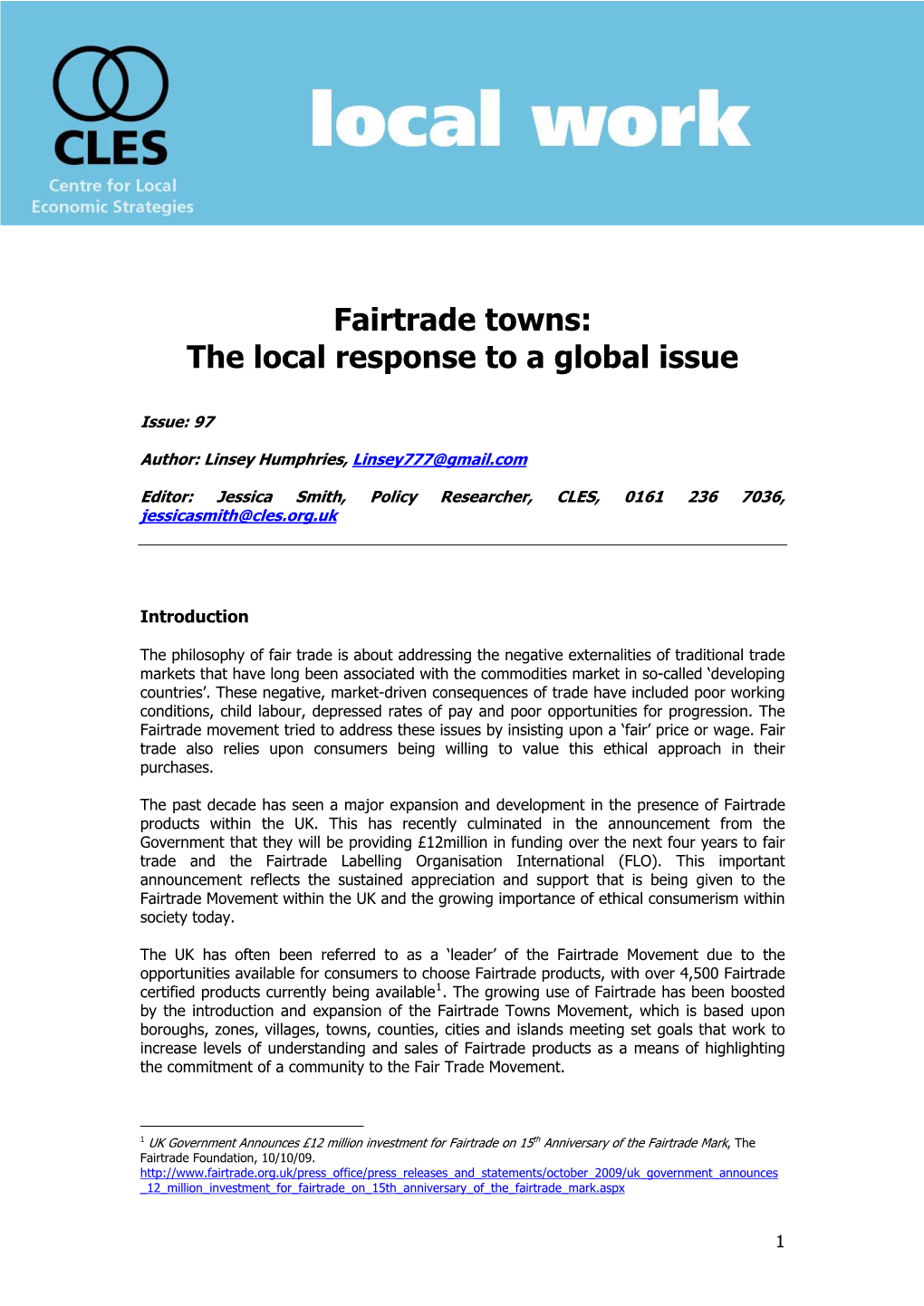 Fairtrade Towns: the Local Response to a Global Issue