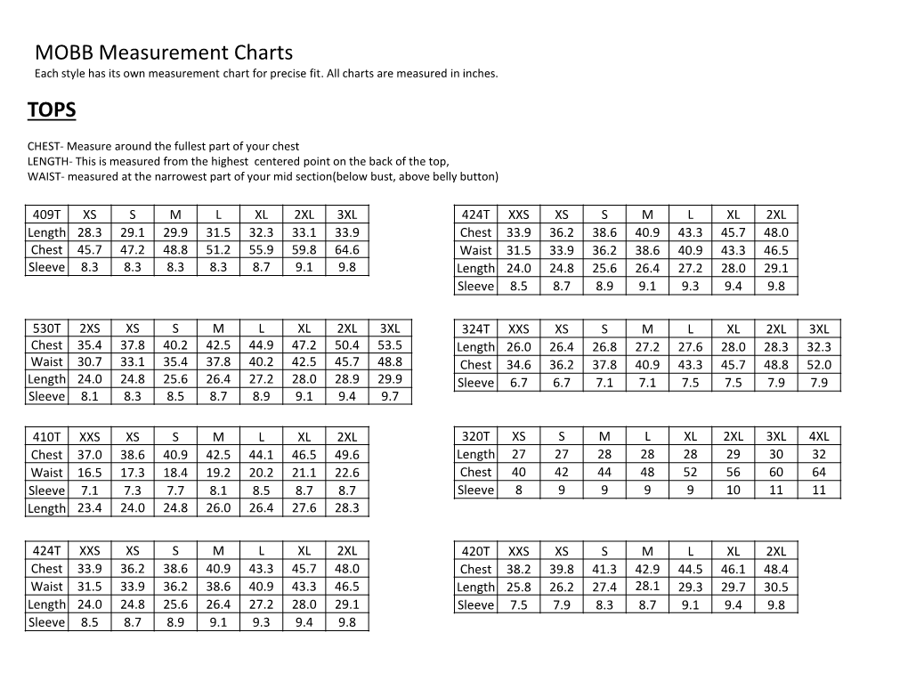 MOBB Measurement Charts TOPS