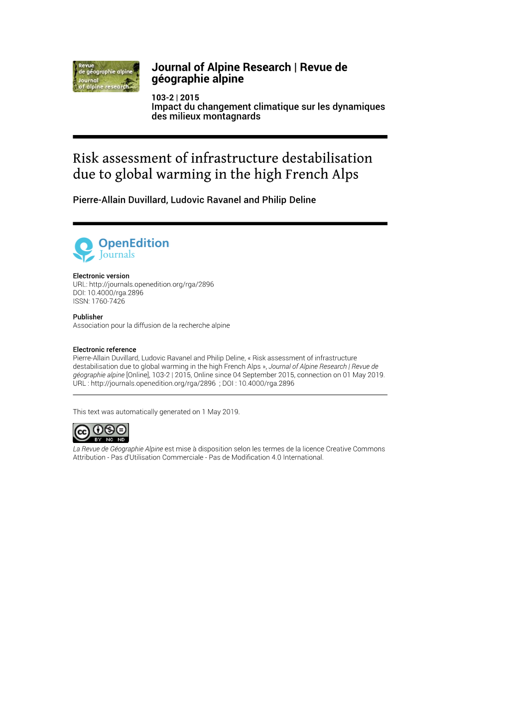 Risk Assessment of Infrastructure Destabilisation Due to Global Warming in the High French Alps