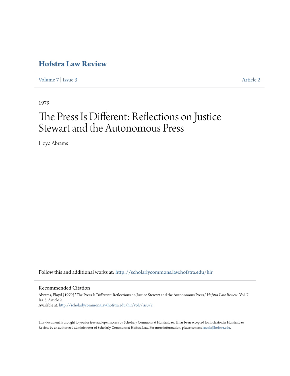 The Press Is Different: Reflections on Justice Stewart and the Au