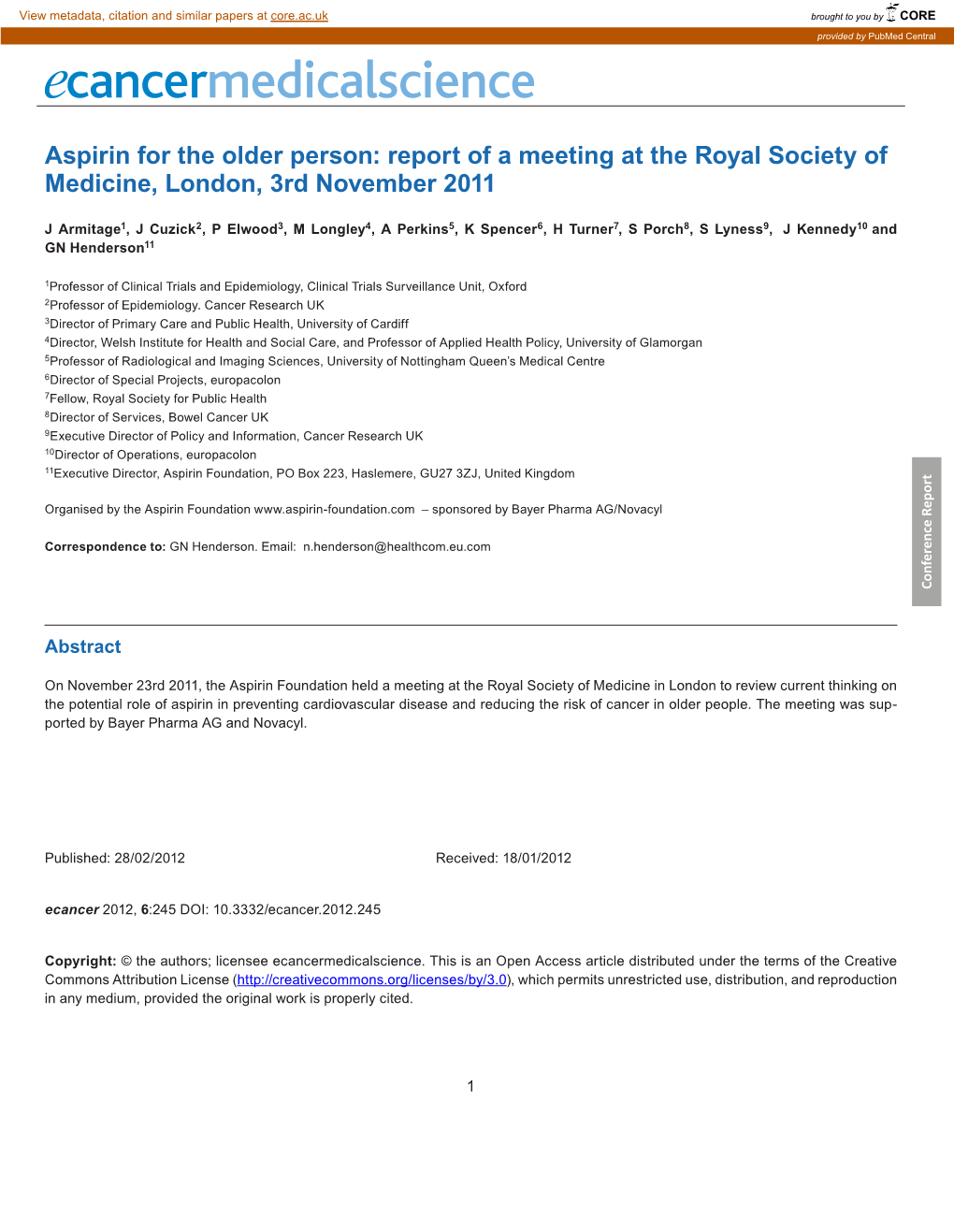 Aspirin for the Older Person: Report of a Meeting at the Royal Society of Medicine, London, 3Rd November 2011