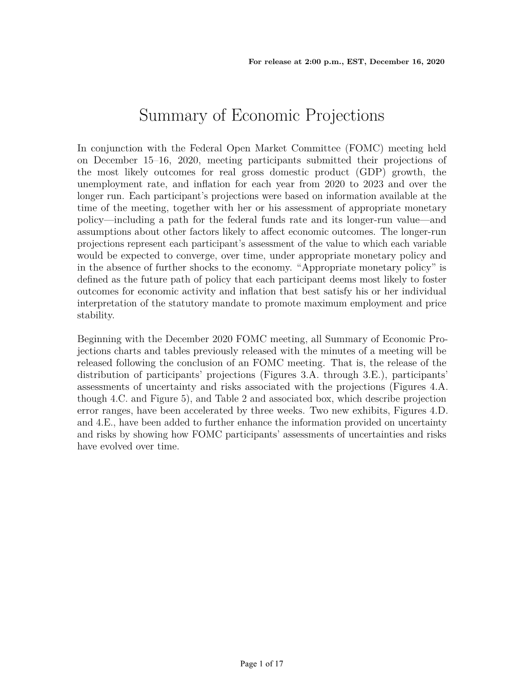 Summary of Economic Projections