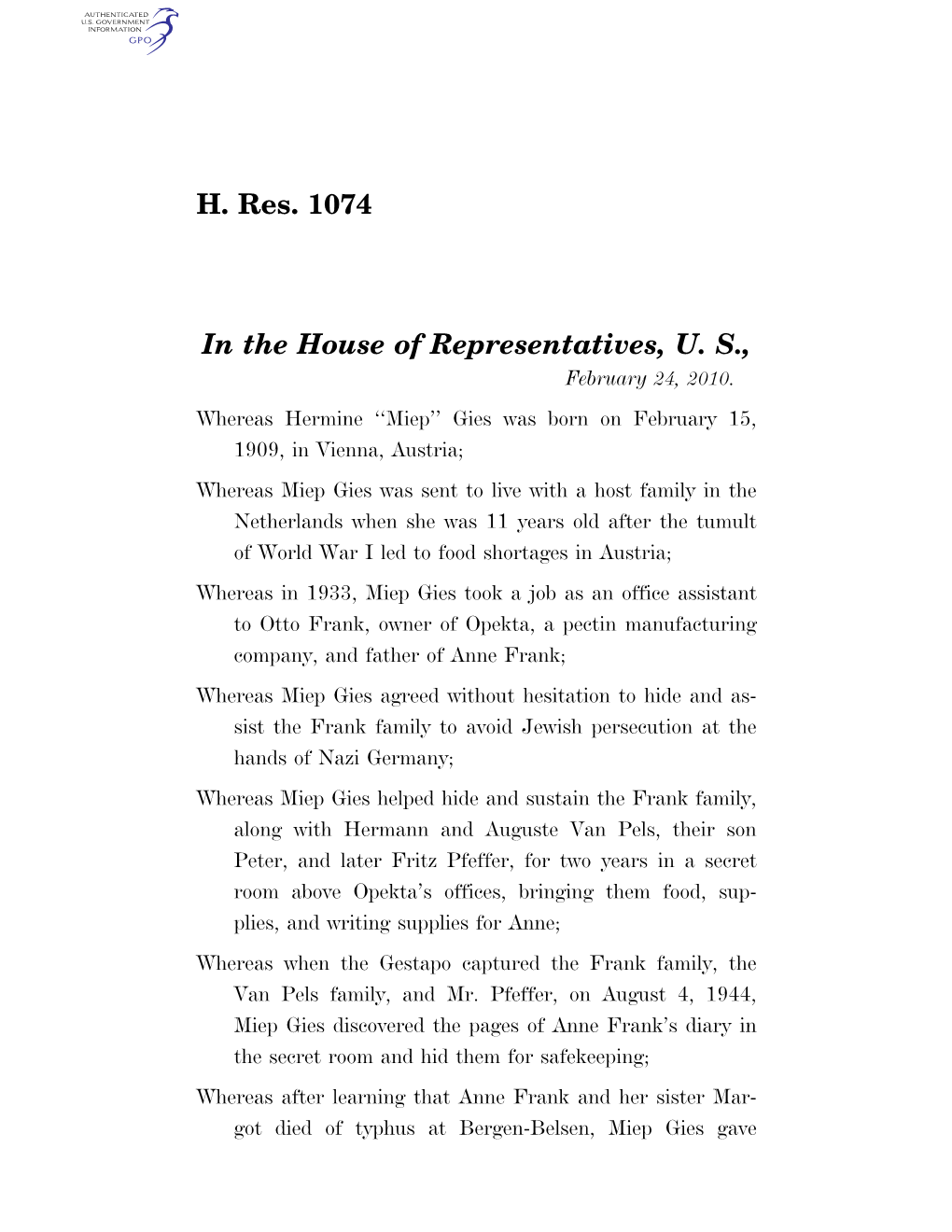 H. Res. 1074 in the House of Representatives, U