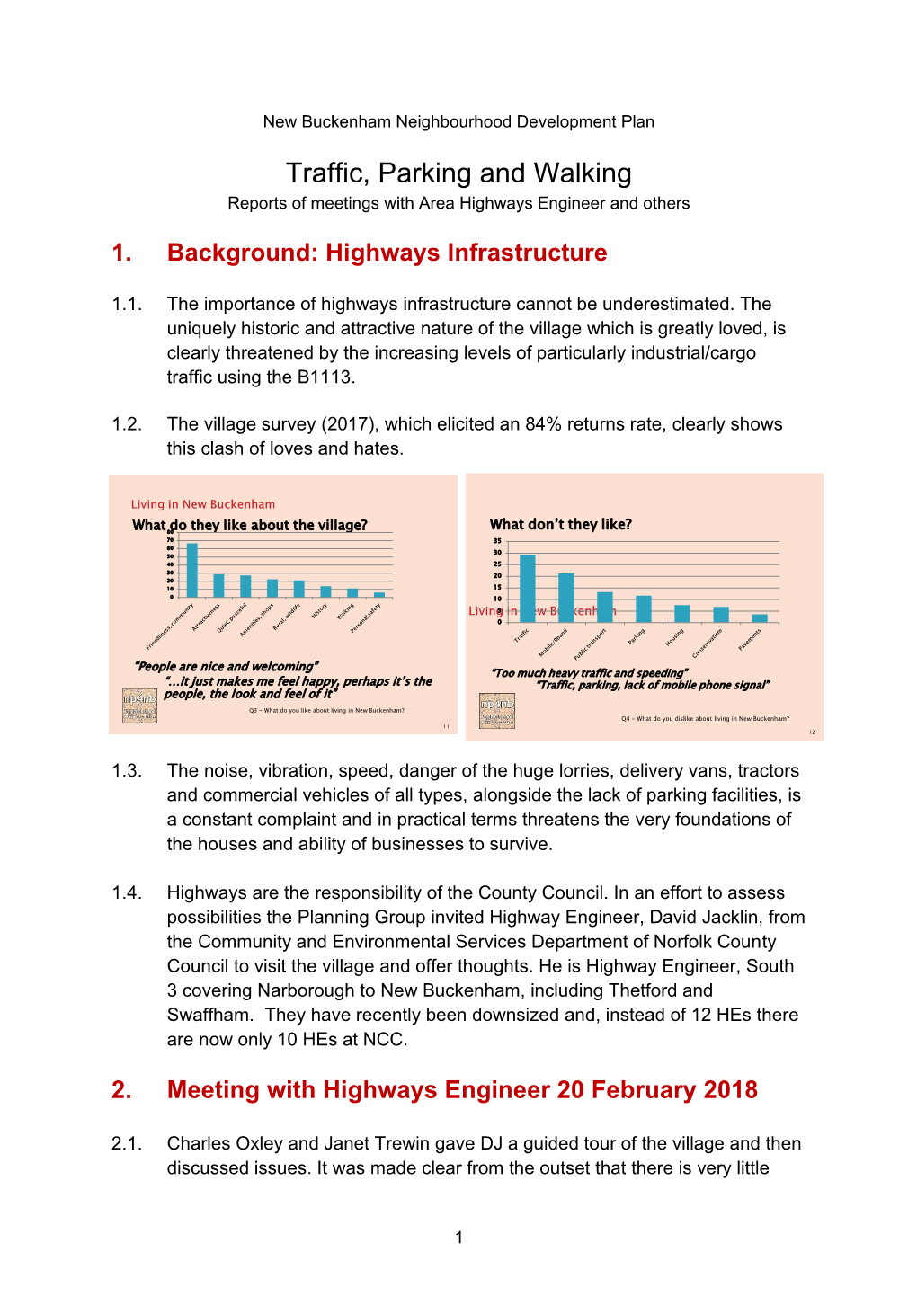 Traffic, Parking and Walking Reports of Meetings with Area Highways Engineer and Others