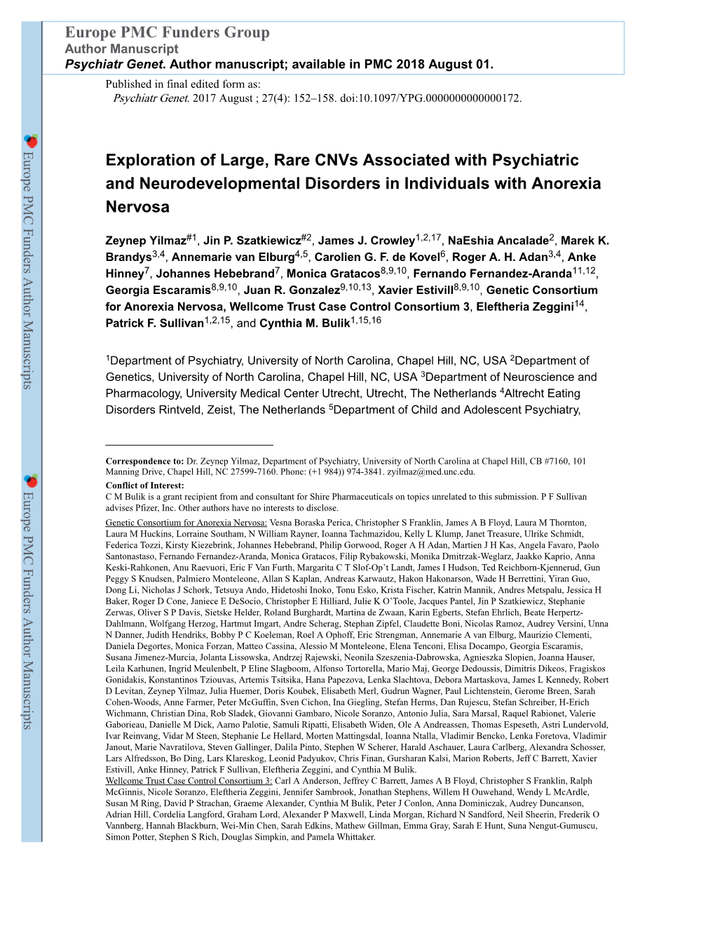 Exploration of Large, Rare Cnvs Associated with Psychiatric and Neurodevelopmental Disorders in Individuals with Anorexia Nervosa