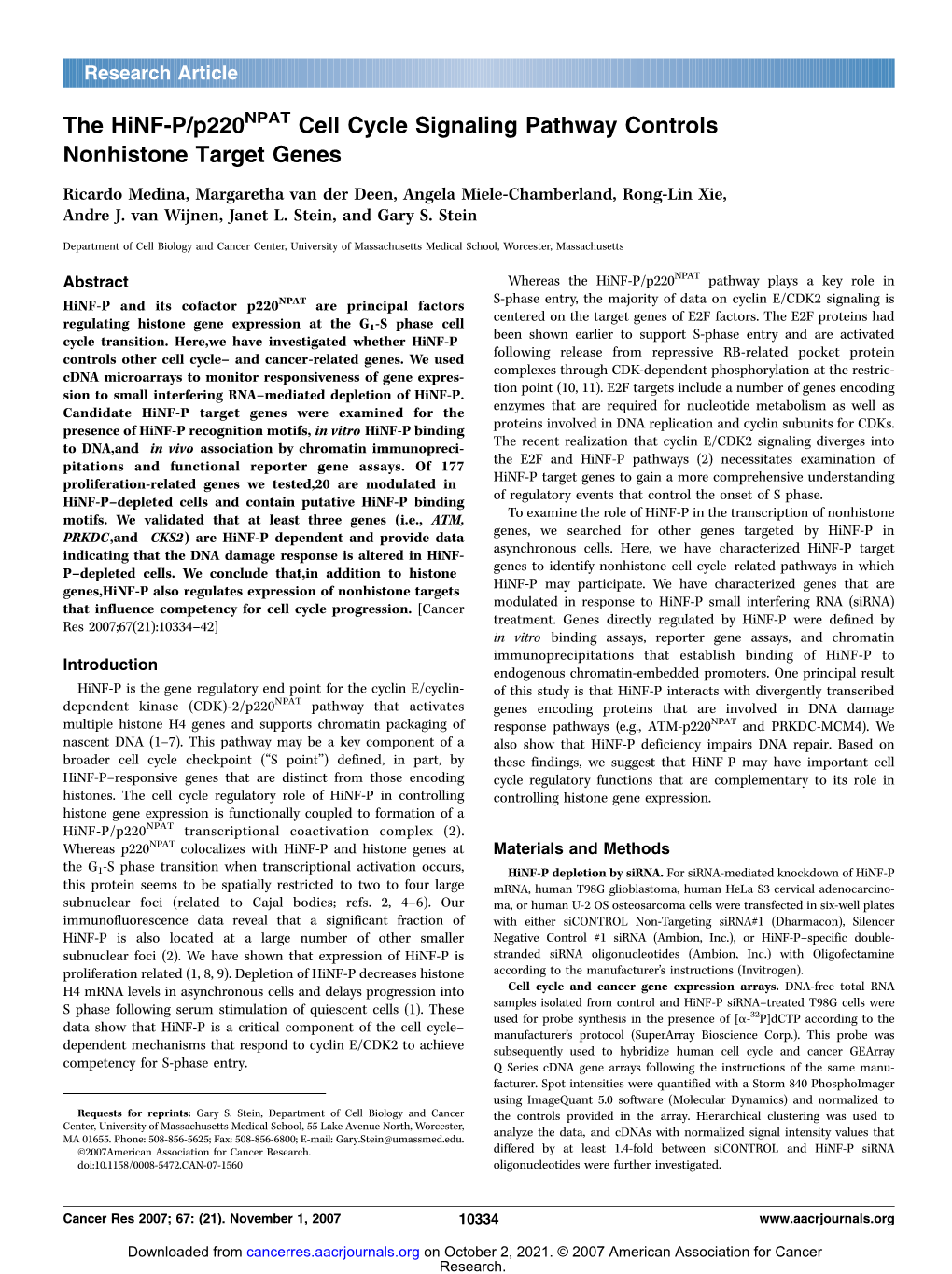 The Hinf-P/P220 Cell Cycle Signaling Pathway Controls Nonhistone