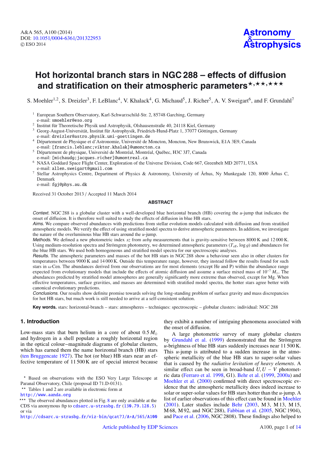 Hot Horizontal Branch Stars in NGC 288 – Effects of Diffusion and Stratification on Their Atmospheric Parameters