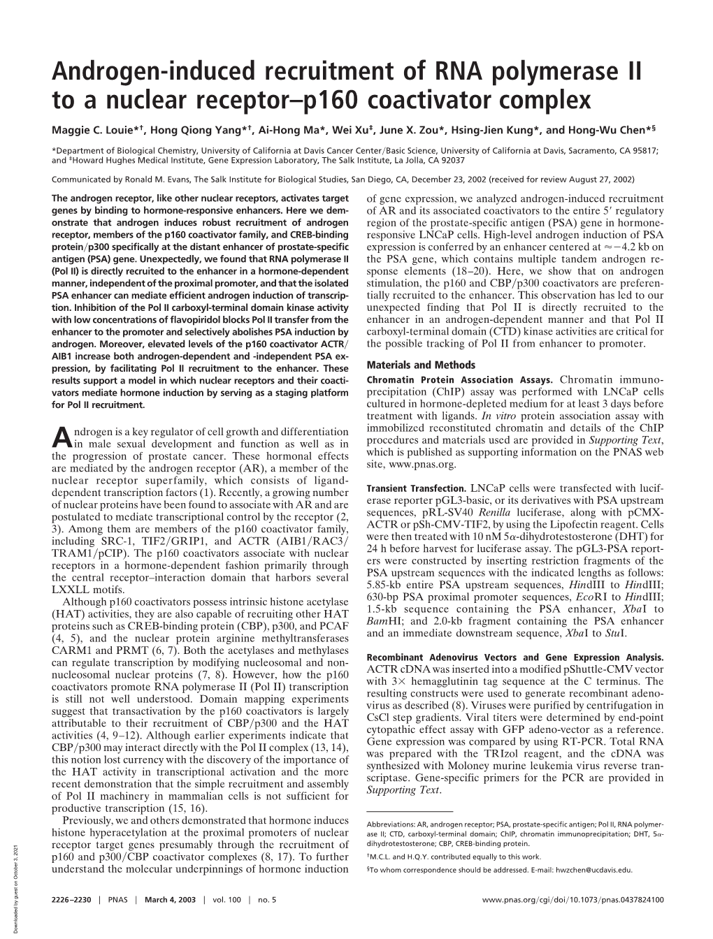 Androgen-Induced Recruitment of RNA Polymerase II to a Nuclear Receptor–P160 Coactivator Complex