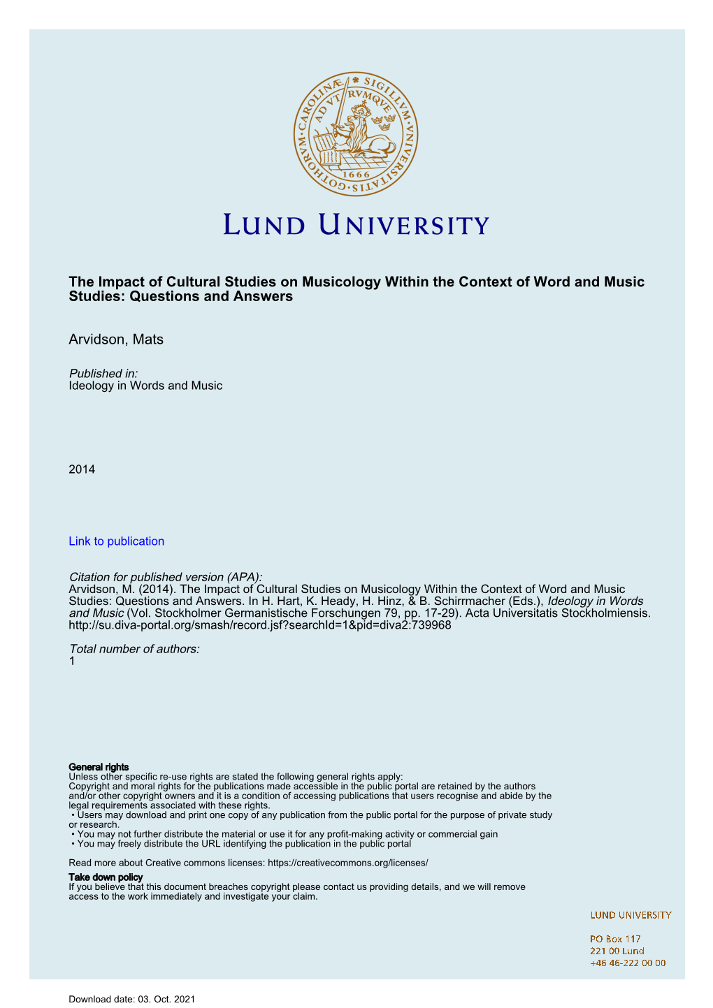 The Impact of Cultural Studies on Musicology Within the Context of Word and Music Studies: Questions and Answers