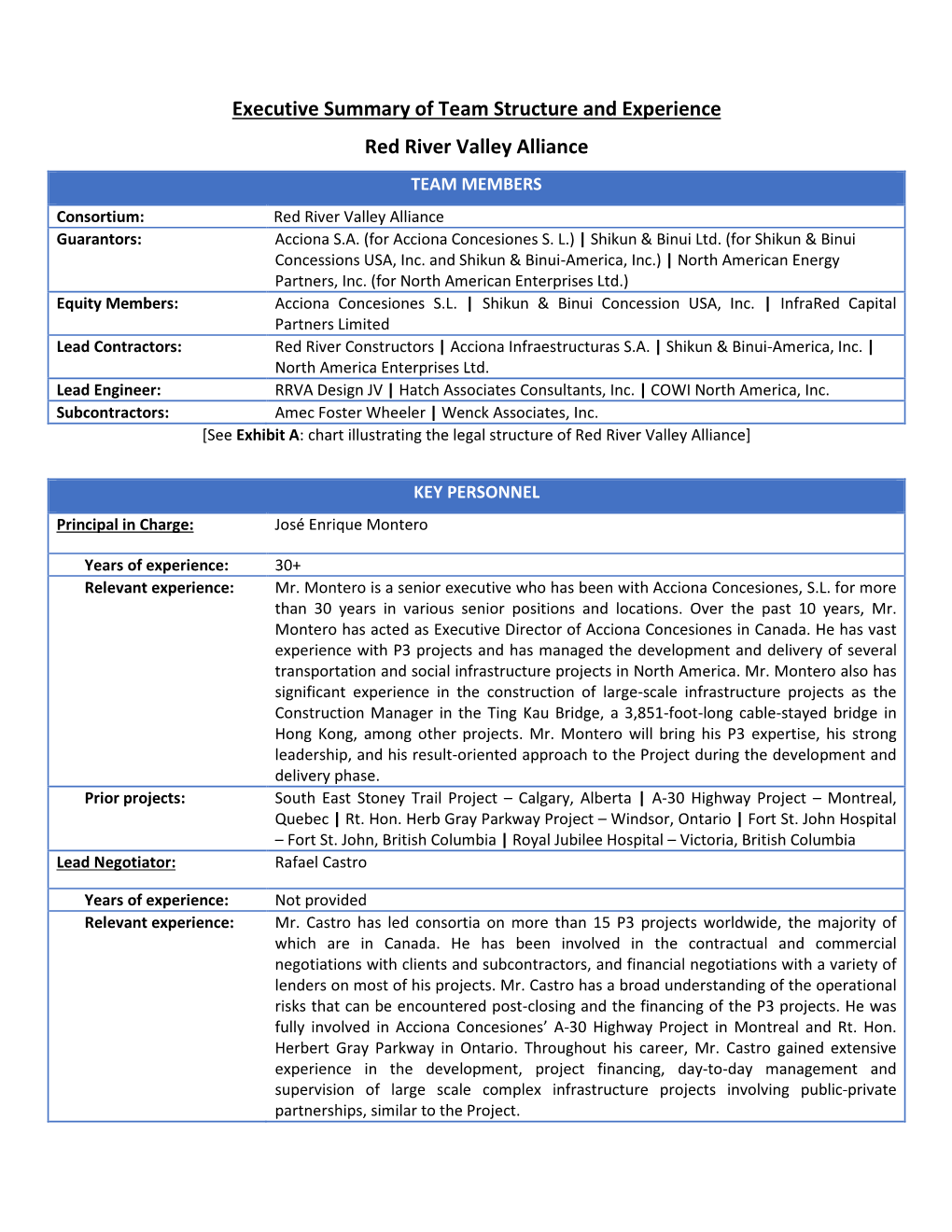 Red River Valley Alliance TEAM MEMBERS Consortium: Red River Valley Alliance Guarantors: Acciona S.A