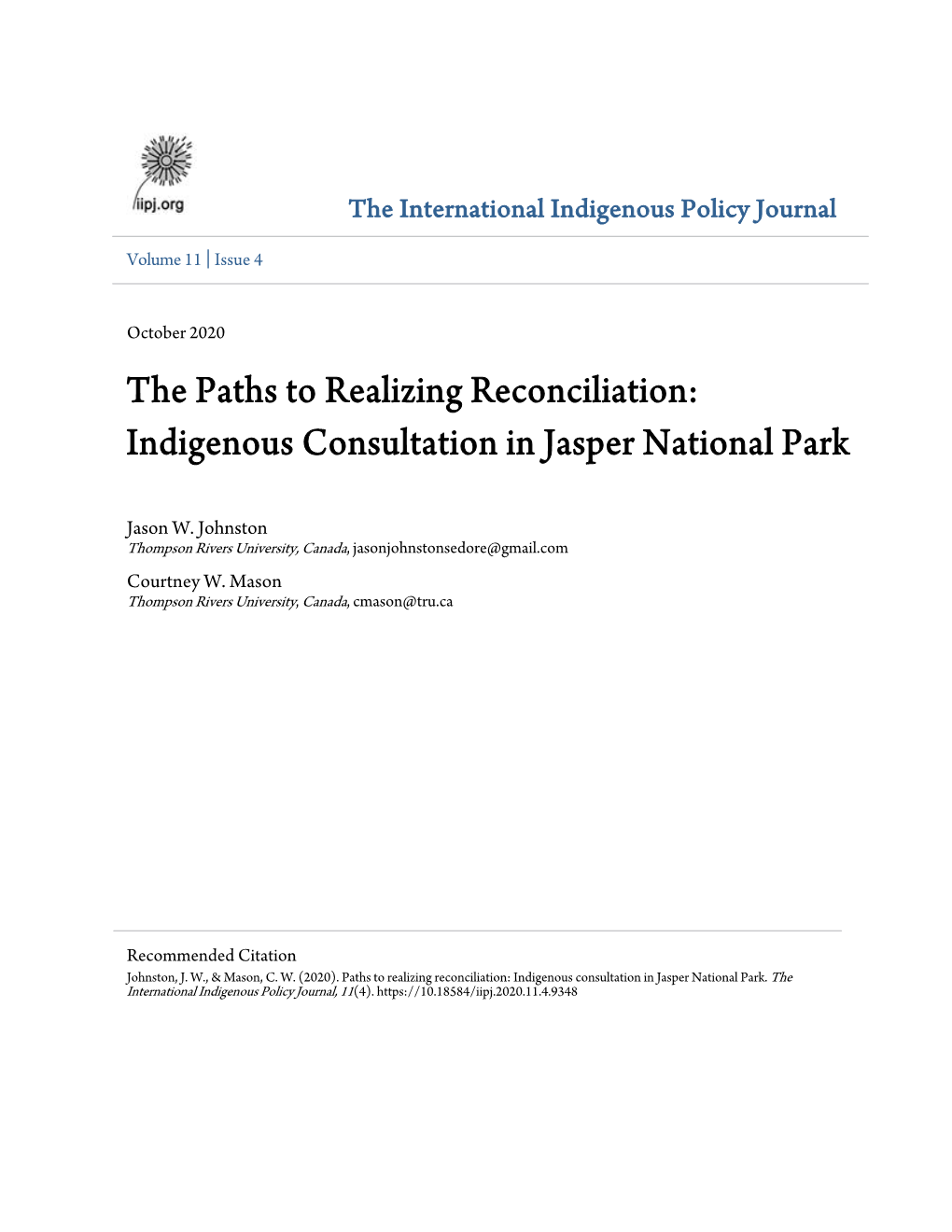 Indigenous Consultation in Jasper National Park