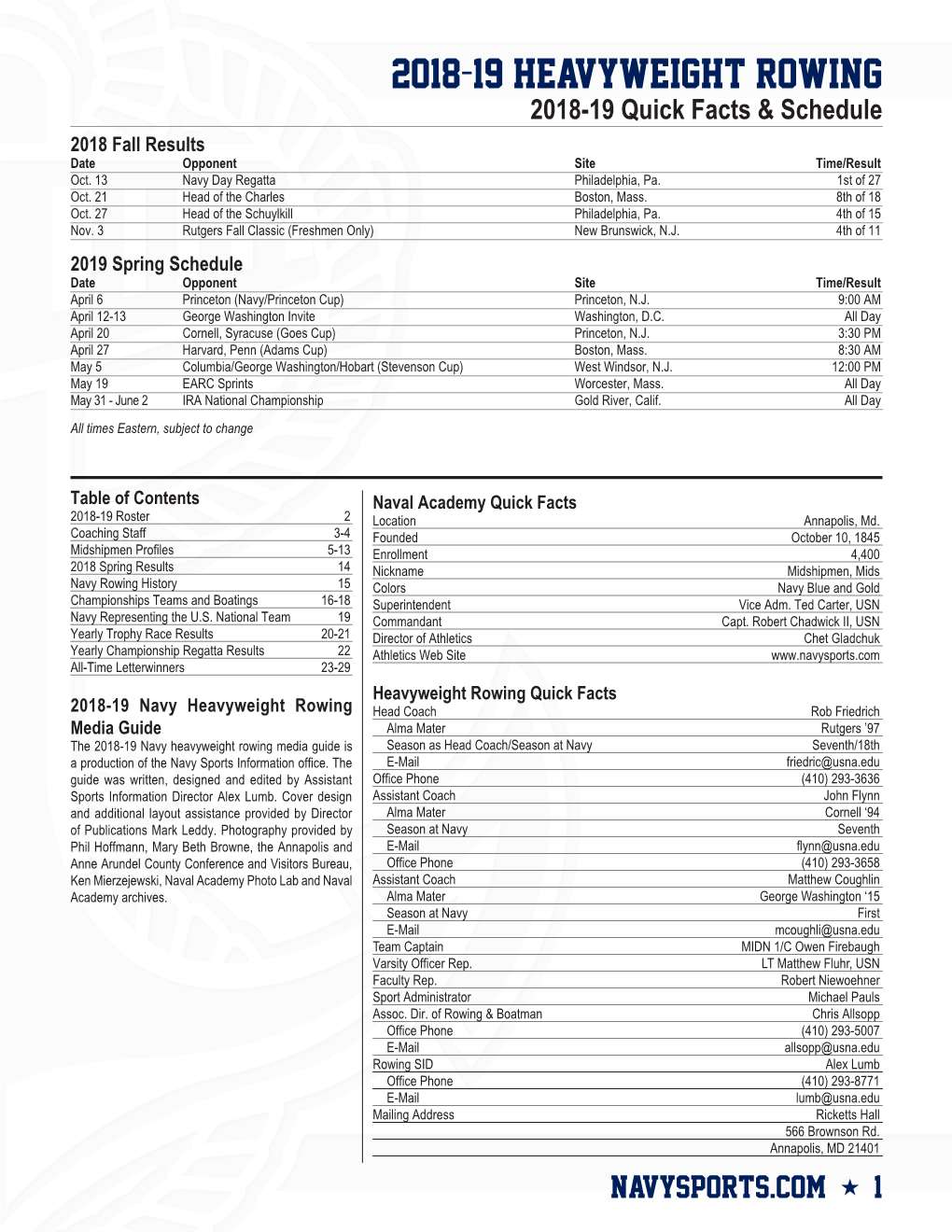 2018-19 HEAVYWEIGHT ROWING 2018-19 Quick Facts & Schedule 2018 Fall Results Date Opponent Site Time/Result Oct