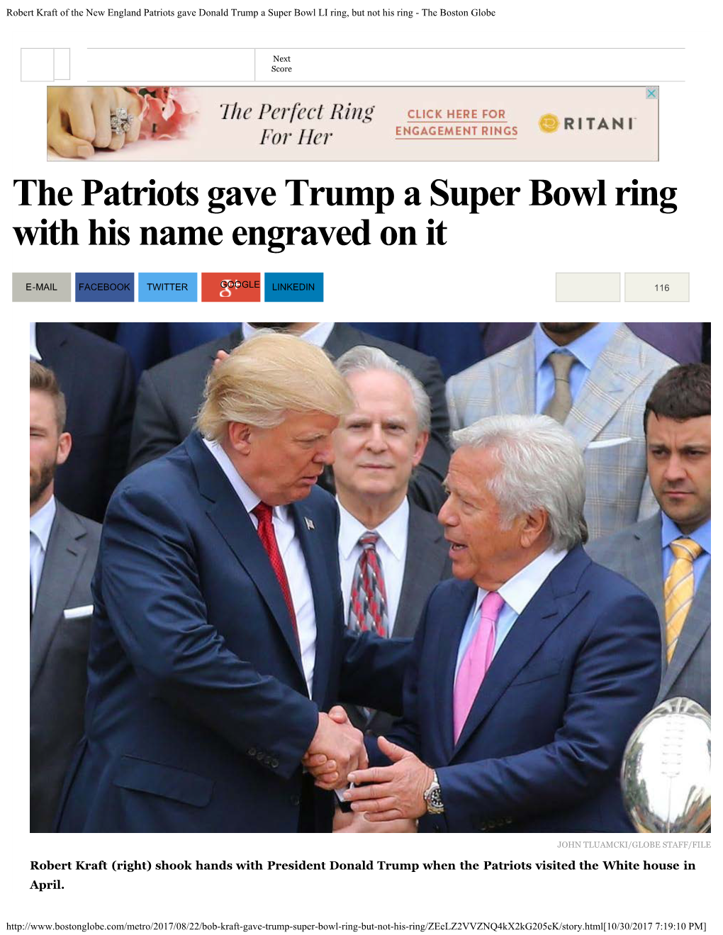 Robert Kraft of the New England Patriots Gave Donald Trump a Super Bowl LI Ring, but Not His Ring - the Boston Globe