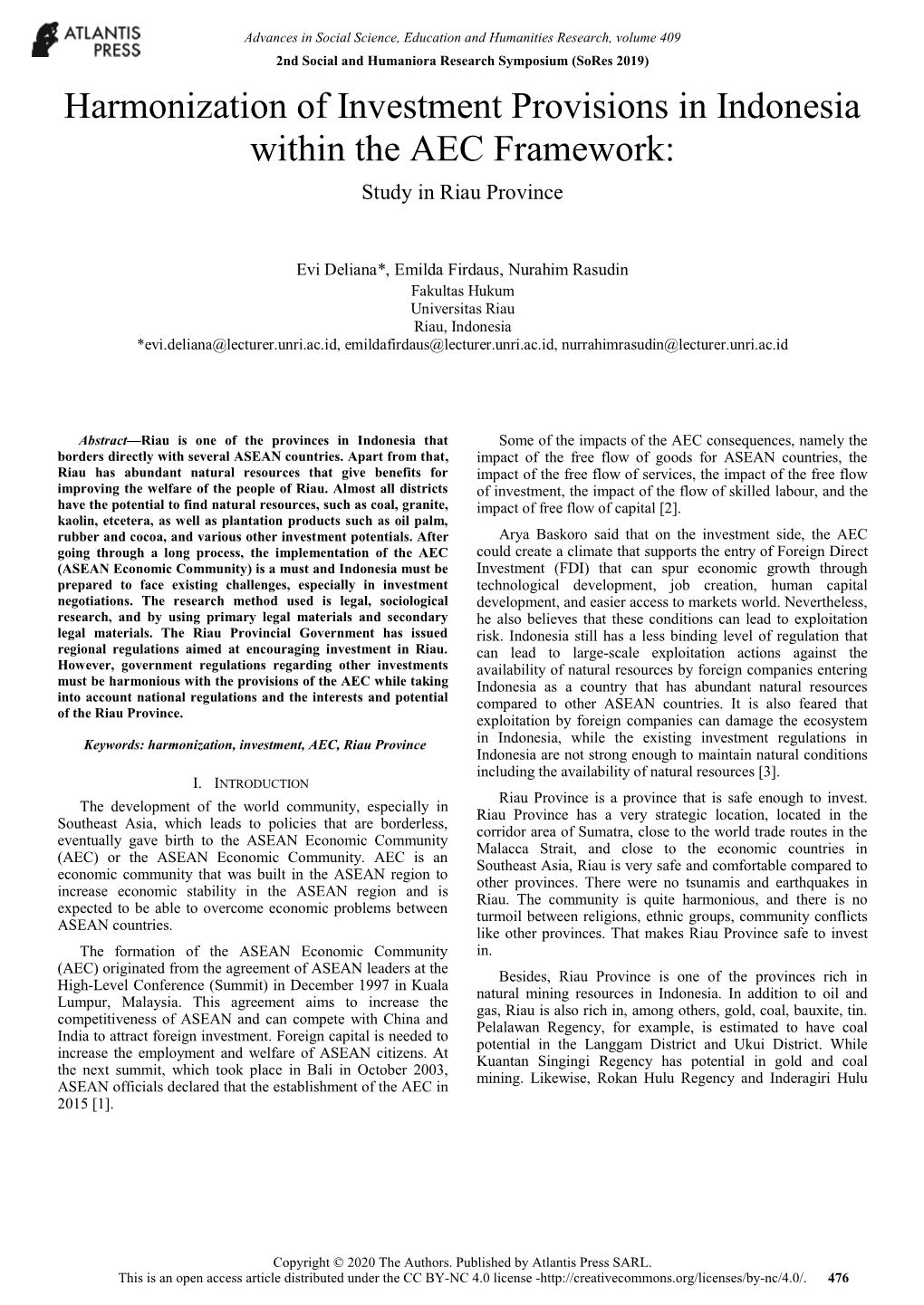 Harmonization of Investment Provisions in Indonesia Within the AEC Framework: Study in Riau Province