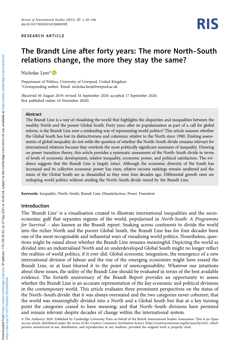 The Brandt Line After Forty Years: the More North South Relations Change, the More They Stay the Same?