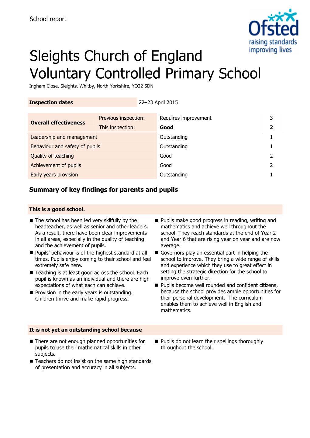 Sleights Church of England Voluntary Controlled Primary School Ingham Close, Sleights, Whitby, North Yorkshire, YO22 5DN