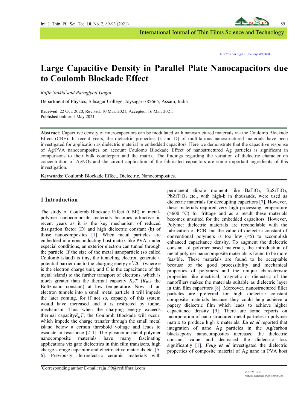 Large Capacitive Density in Parallel Plate Nanocapacitors Due to Coulomb Blockade Effect