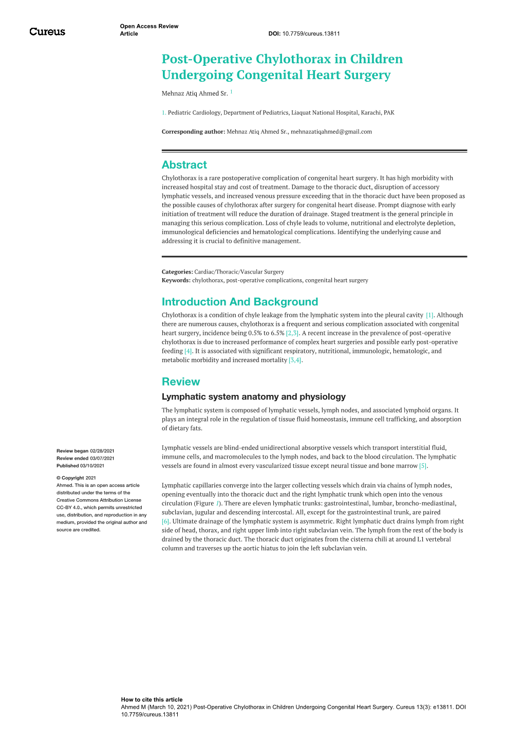 Post-Operative Chylothorax in Children Undergoing Congenital Heart Surgery