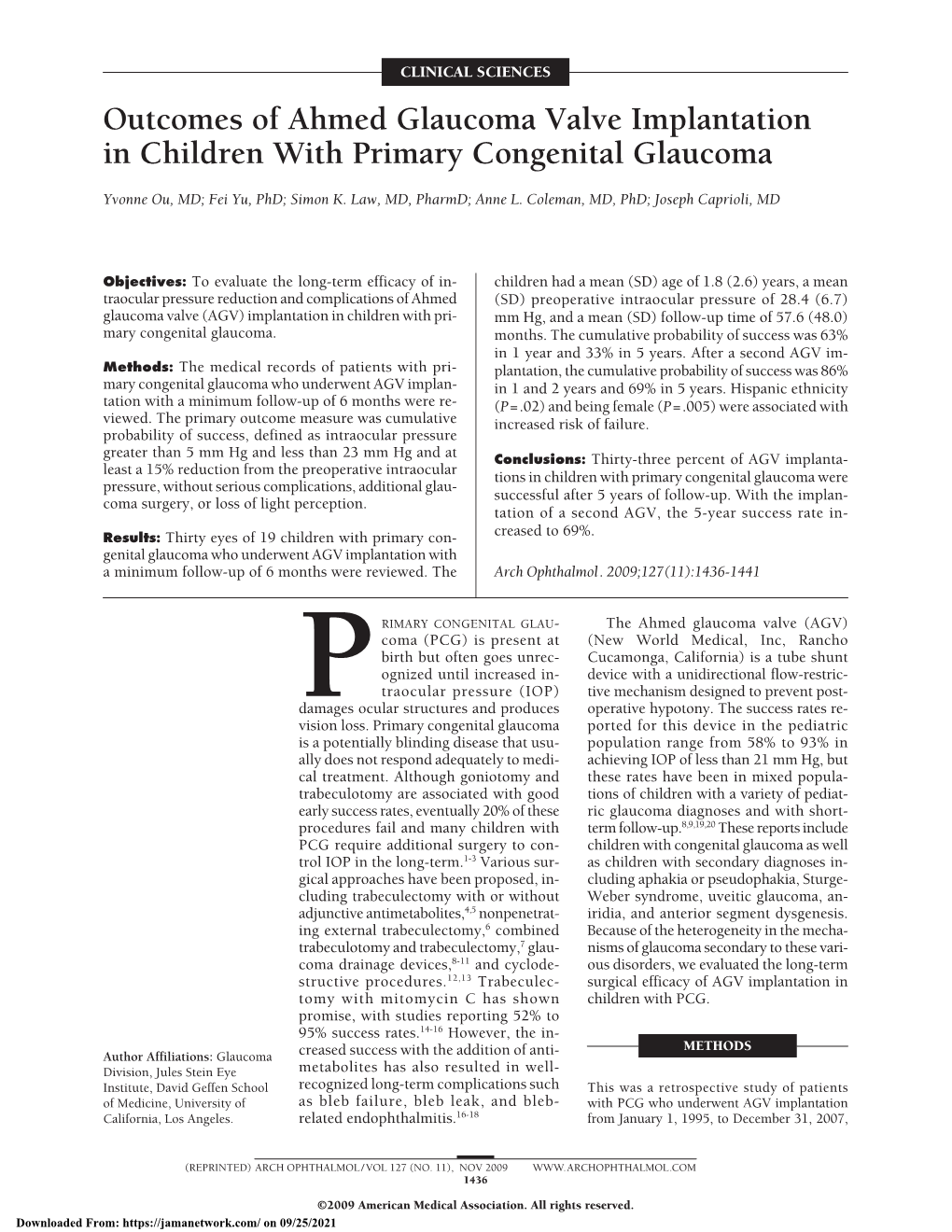 Outcomes of Ahmed Glaucoma Valve Implantation in Children with Primary Congenital Glaucoma