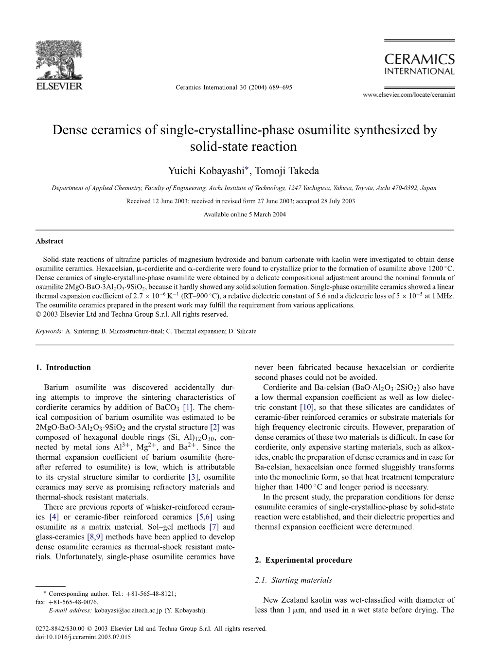 Dense Ceramics of Single-Crystalline-Phase Osumilite Synthesized by Solid-State Reaction