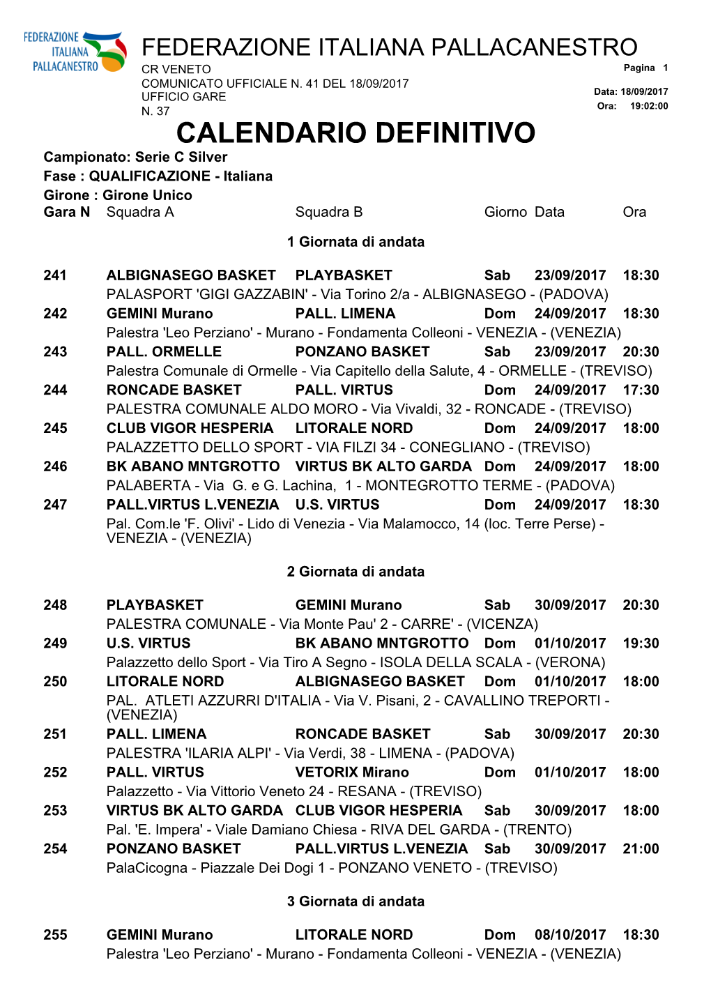 CALENDARIO DEFINITIVO Campionato: Serie C Silver Fase : QUALIFICAZIONE - Italiana Girone : Girone Unico Gara N Squadra a Squadra B Giorno Data Ora