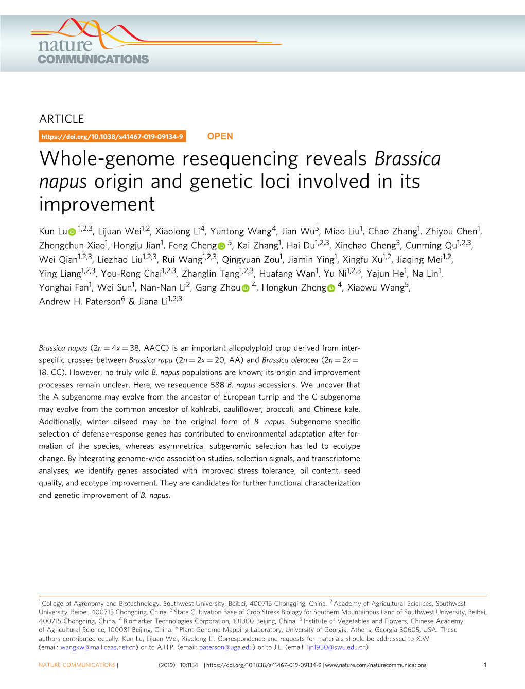 Whole-Genome Resequencing Reveals Brassica Napus Origin and Genetic Loci Involved in Its Improvement