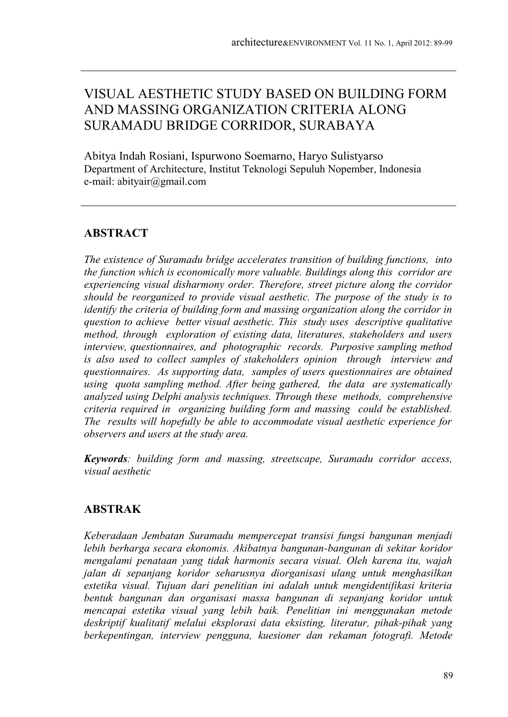 Visual Aesthetic Study Based on Building Form and Massing Organization Criteria Along Suramadu Bridge Corridor, Surabaya