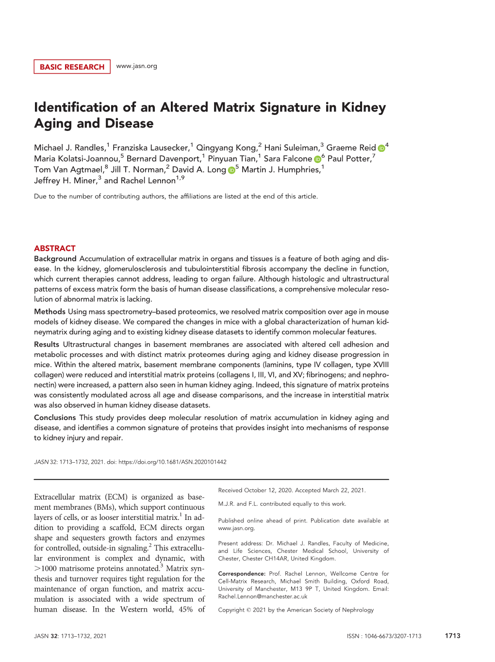 Identification of an Altered Matrix Signature in Kidney Aging And