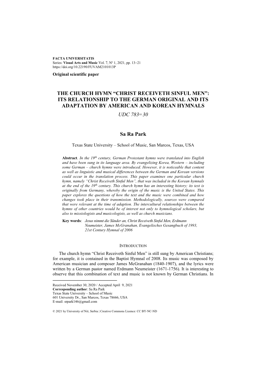 The Church Hymn “Christ Receiveth Sinful Men”: Its Relationship to the German Original and Its Adaptation by American and Korean Hymnals Udc 783=30