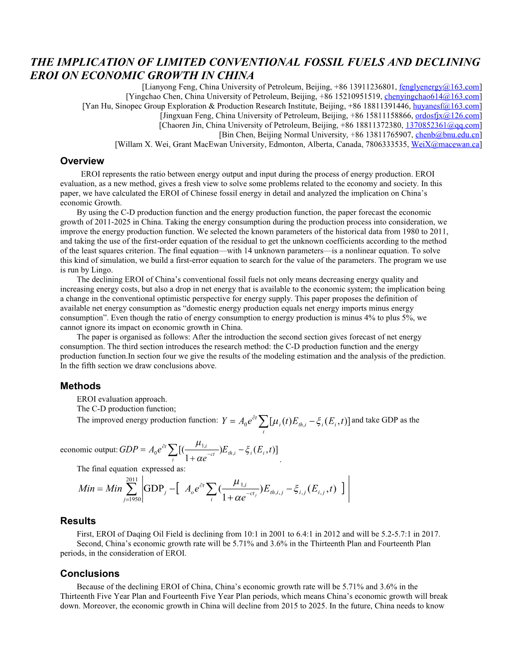 Lianyong Feng, China University of Petroleum, Beijing, +86 13911236801