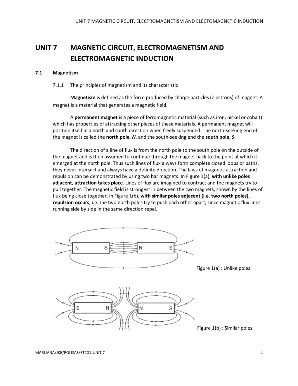 Unit 7 Magnetic Circuit, Electromagnetism and Electomagnetic Induction