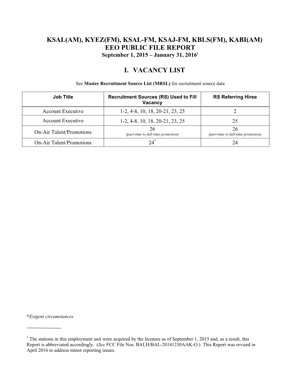 KSAL(AM), KYEZ(FM), KSAL-FM, KSAJ-FM, KBLS(FM), KABI(AM) EEO PUBLIC FILE REPORT 1 September 1, 2015 – January 31, 2016