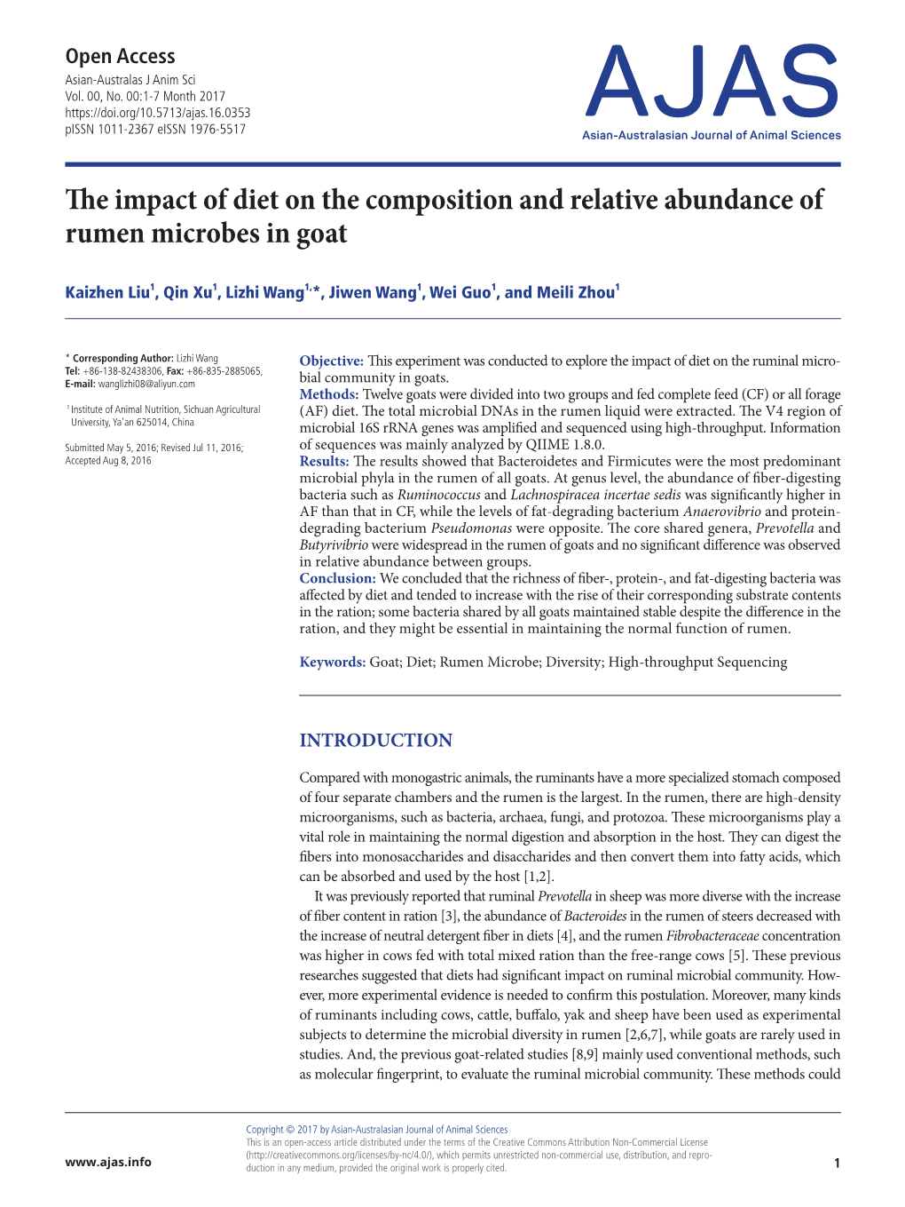 The Impact of Diet on the Composition and Relative Abundance of Rumen Microbes in Goat