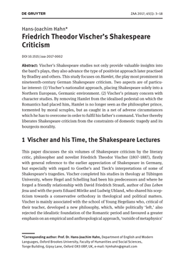 Friedrich Theodor Vischer's Shakespeare Criticism