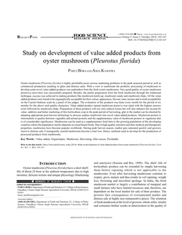 Study on Development of Value Added Products from Oyster Mushroom (Pleurotus Florida)