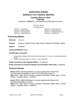 ANNOTATED AGENDA BERKELEY CITY COUNCIL MEETING Tuesday, March 8, 2016 7:00 P.M