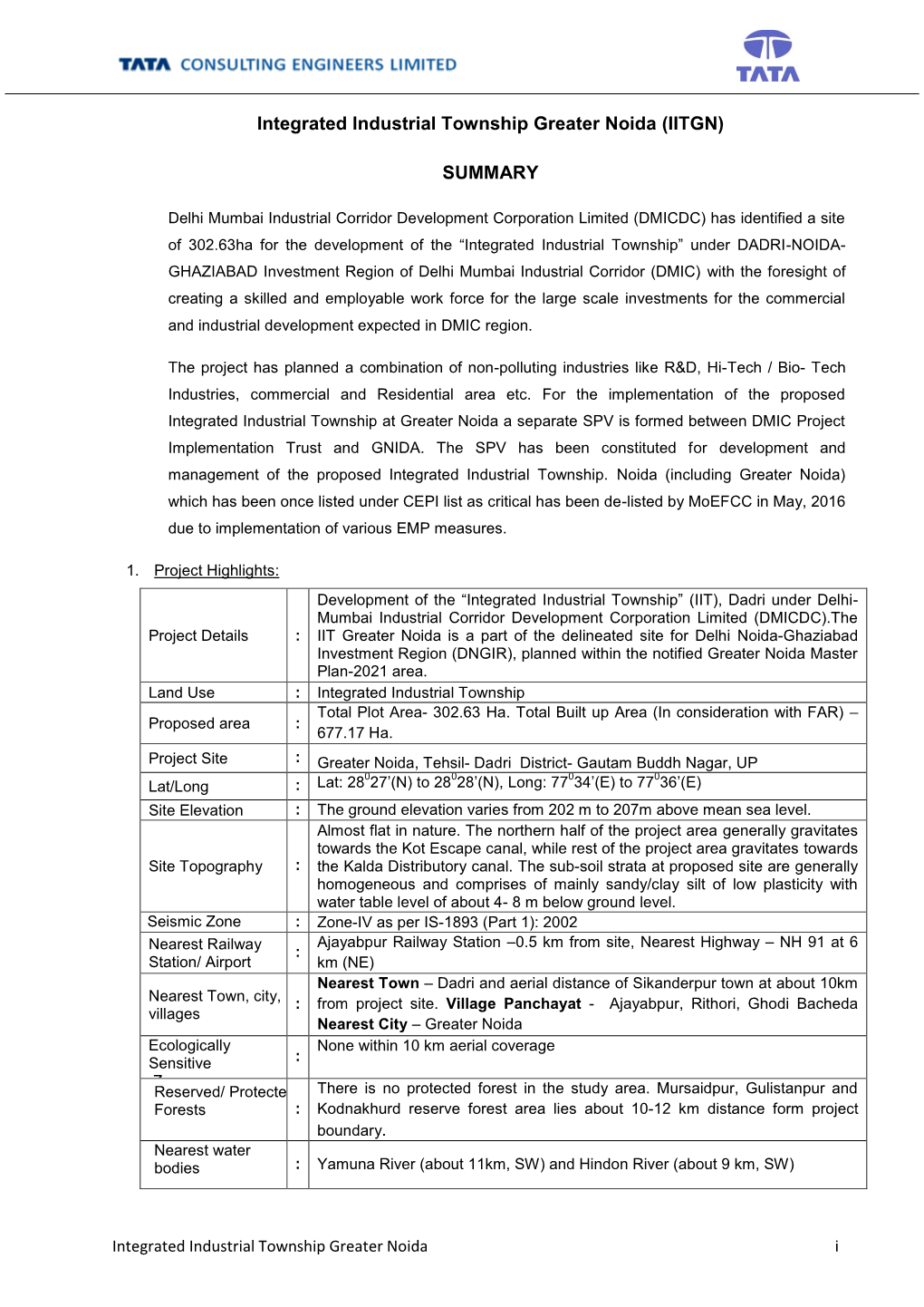 Integrated Industrial Township Greater Noida (IITGN) SUMMARY