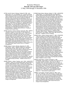 Kentucky Obituaries Danville Advocate-Messenger 13 May 1996 Through 31 December 1996