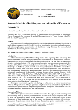 Annotated Checklist of Basidiomycota New to Republic of Kazakhstan
