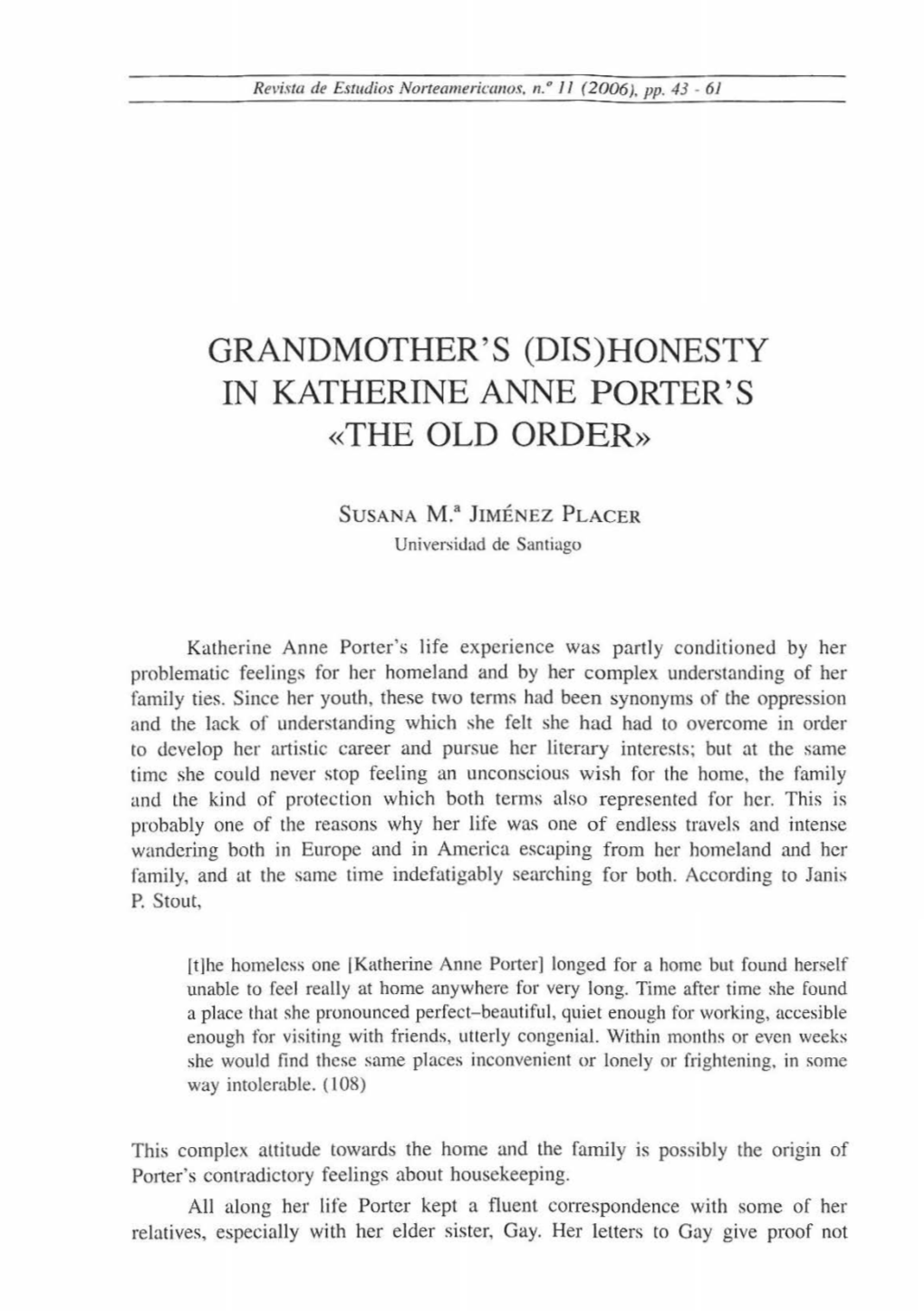 Honesty in Katherine Anne Porter's «The Old Order»