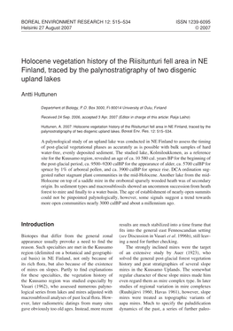 Holocene Vegetation History of the Riisitunturi Fell Area in NE Finland, Traced by the Palynostratigraphy of Two Disgenic Upland Lakes