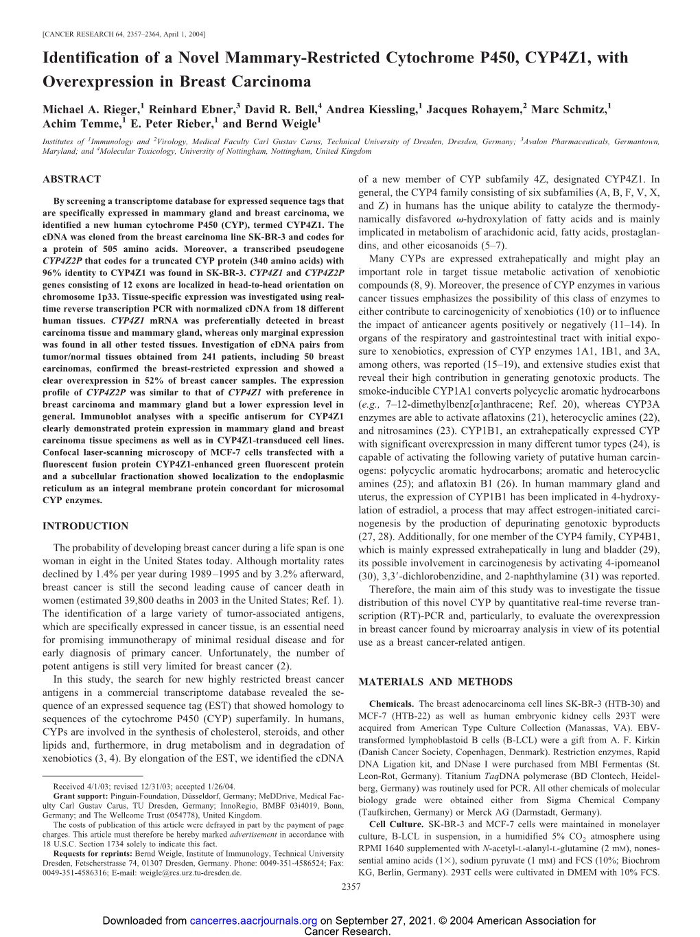 Identification of a Novel Mammary-Restricted Cytochrome P450, CYP4Z1, with Overexpression in Breast Carcinoma