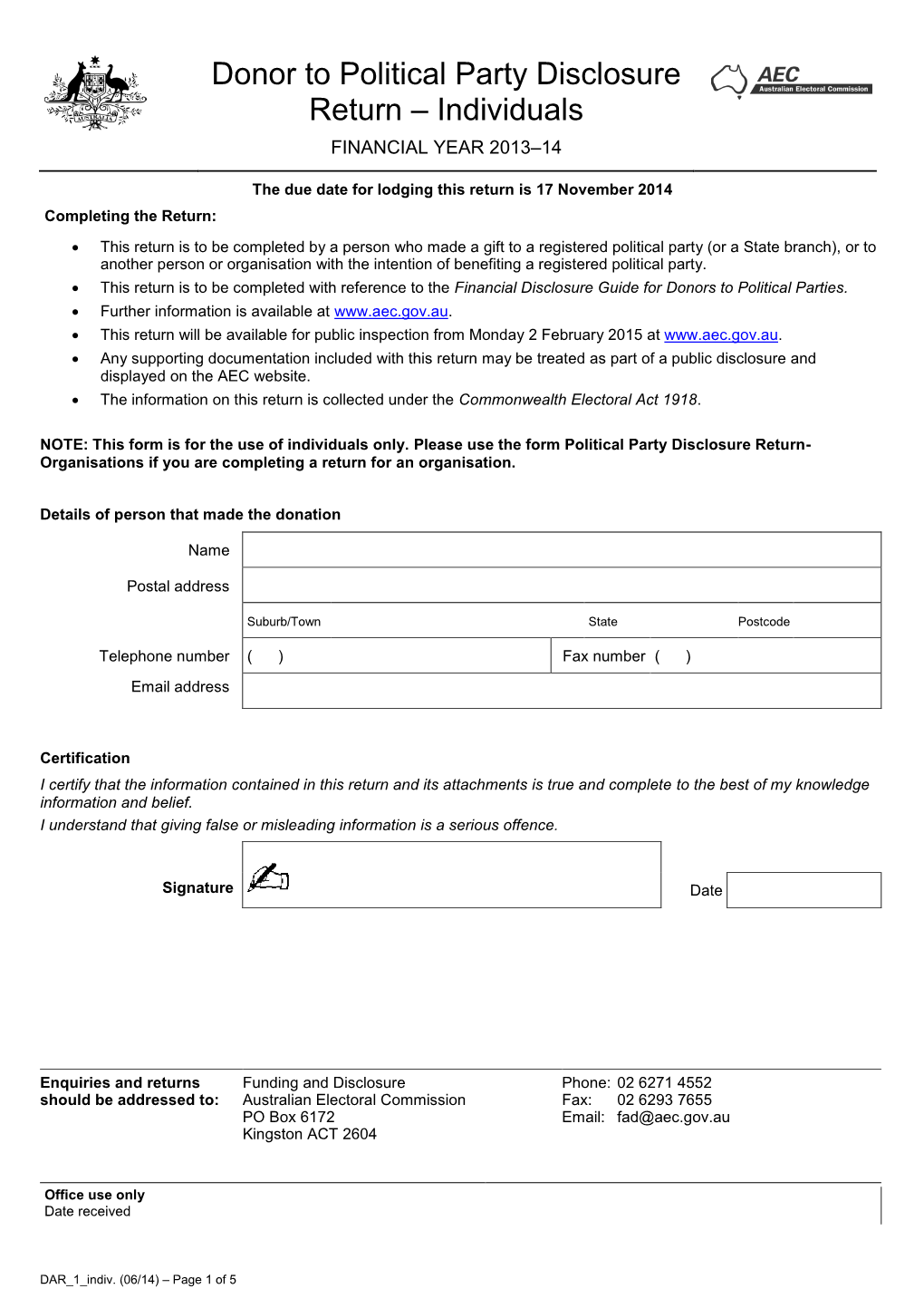 Donor to Political Party Return Form