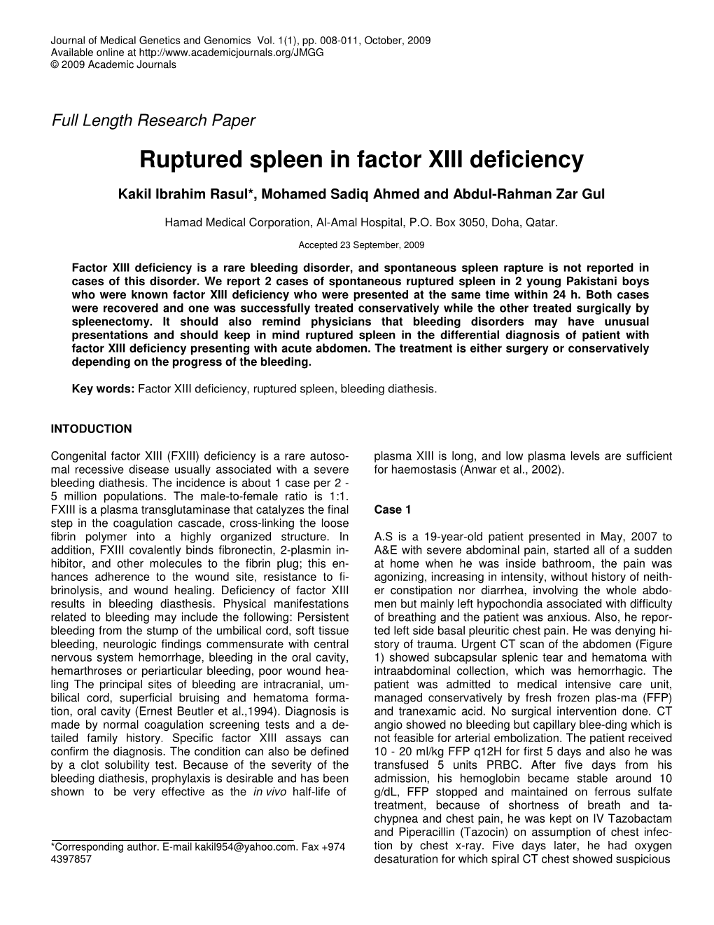 Ruptured Spleen in Factor XIII Deficiency