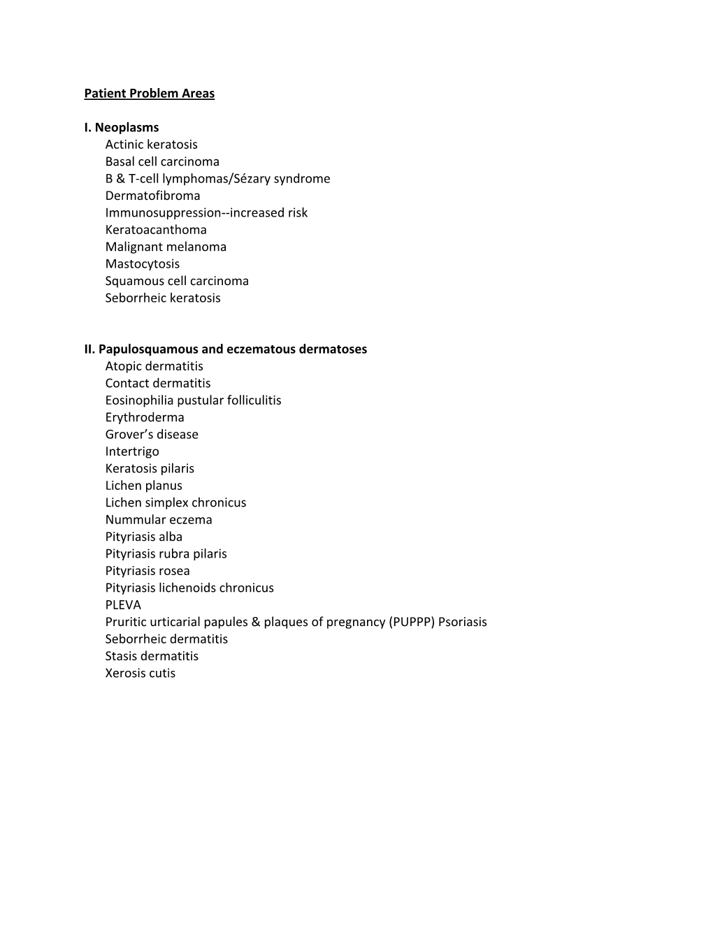 Patient Problem Areas NP Exam List for Website