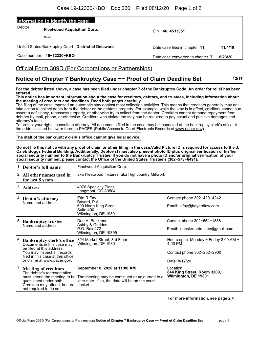 Notice of Chapter 7 Bankruptcy Case −− Proof of Claim Deadline Set 12/17