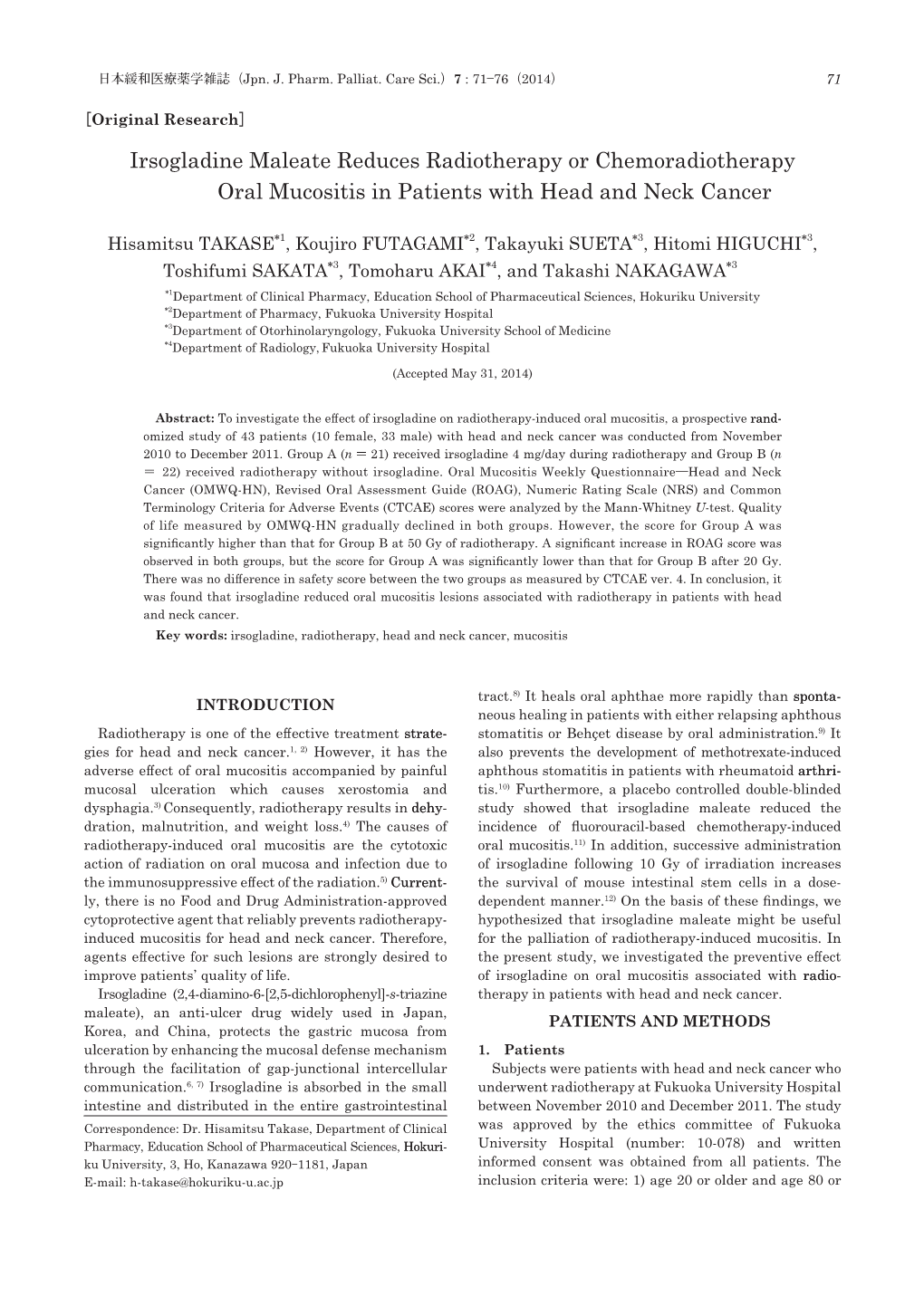 Irsogladine Maleate Reduces Radiotherapy Or Chemoradiotherapy Oral Mucositis in Patients with Head and Neck Cancer