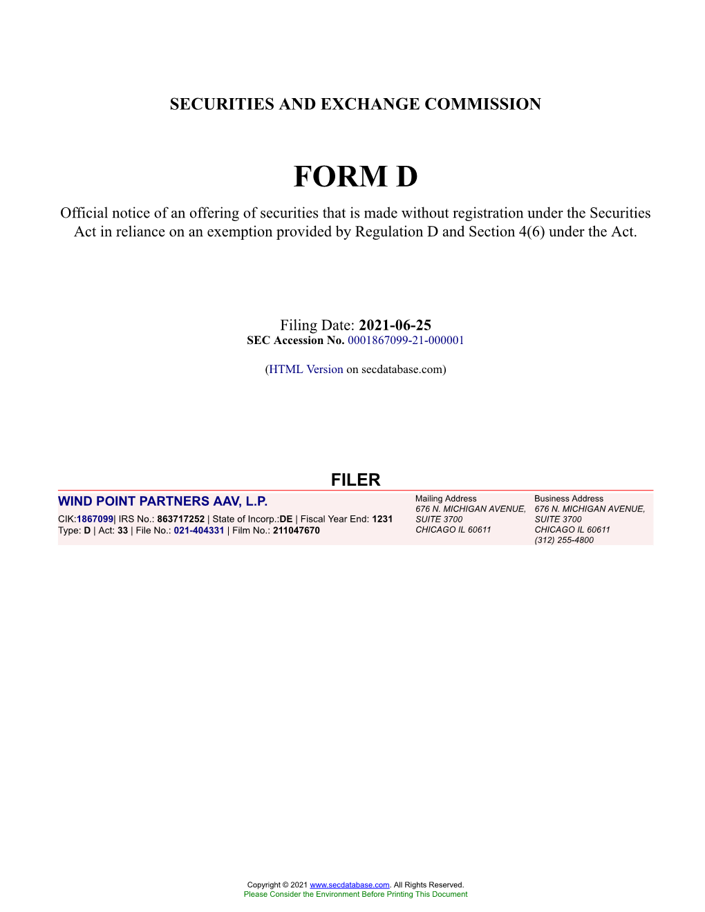 WIND POINT PARTNERS AAV, L.P. Form D Filed 2021-06-25