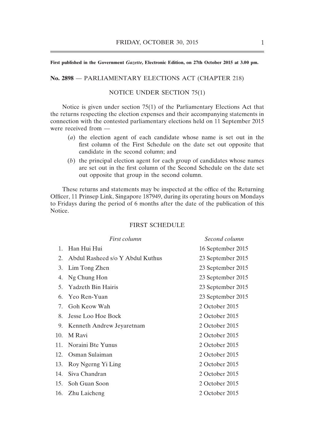 FRIDAY, OCTOBER 30, 2015 1 No. 2898 –– PARLIAMENTARY ELECTIONS