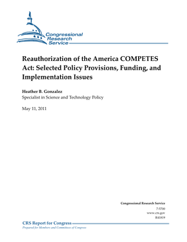 Reauthorization of the America COMPETES Act: Selected Policy Provisions, Funding, and Implementation Issues